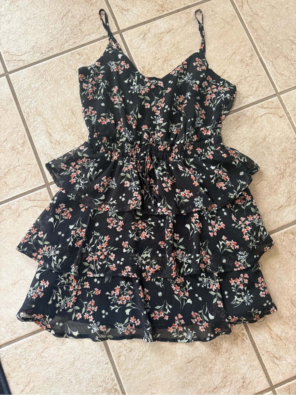 Windsor Black Floral Tiered Spaghetti-Strap Mini Dress